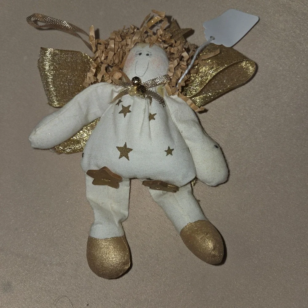 Angel Christmas Ornament Gold Stars Fabric Shelf Sitter‎ Rusic Weightd Bottom